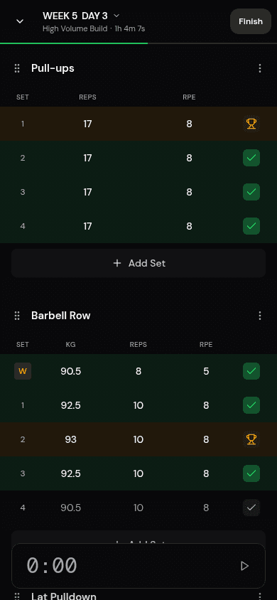 Lift mobile Workout showing completed and upcoming Sets for Pull-ups and Barbell Row